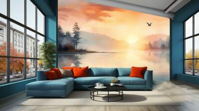 Digital watercolor painting of beautiful sunset on lake panorama Wall mural