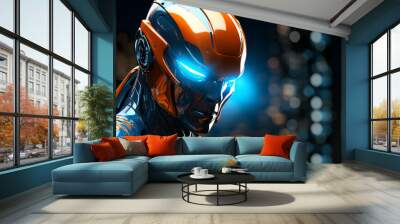 Fantastic Cyborg with Blue Orange Moody 80s Lighting 3D Illustra Wall mural