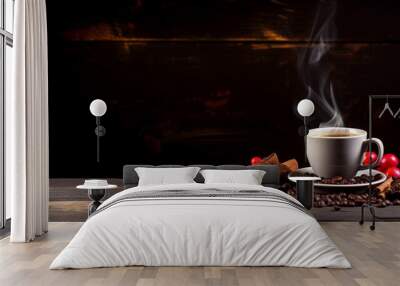 Hot coffee cup with fresh organic red coffee beans Wall mural