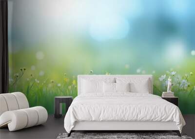 nature background with sunny spring meadow blur background blue sky to green grass Wall mural