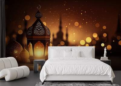 Realistic ramadan background with mosque moon stars lantern and bokeh. Generative AI. Wall mural