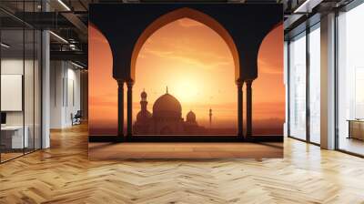 Silhouette at Amazing Sunset Mosque Background Wall mural