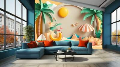 Summer vacation 3d cute background with surfing board ball beach sun clouds and coconut tree. Generative AI Wall mural