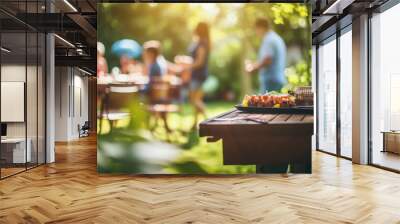 Photo of a family and friends having a picnic barbeque grill in the garden. having fun eating and enjoying time. sunny day in the summer Wall mural