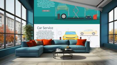 Center Mechanical car service with repair of Check Up vehicles Flat horizontal banners wheel machine vector illustration Wall mural