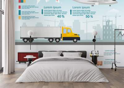 Logistics infographic elements and transportation concept vector web banners of train, cargo ship, Air export cargo trucking Freight Storage goods Wall mural