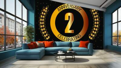 2 years anniversary celebrating gold. Anniversary vector with confetti, star and gold crown on black background. Wall mural