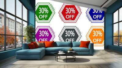 30% discount on colored label. special offer icon for stores green, red, blue, pink, gray and orange. Wall mural