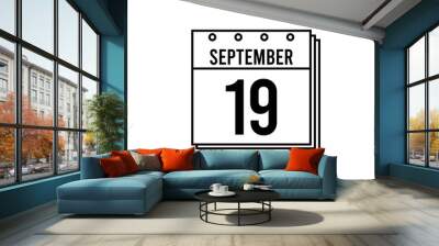 September 19 calendar. September month calendar black and white icon. Simple 3D vector. Wall mural