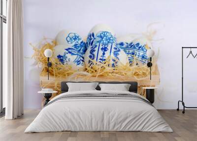 Easter Eggs with Blue Decoration Elements and Feathers .Easter Decoration  Wall mural