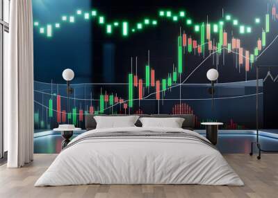 A hyper-realistic, high-resolution financial stock market chart depicting a sudden and dramatic price spike, rendered in a candlestick chart style with meticulous attention to detail Wall mural