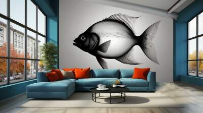 High-contrast black and white minimalist photography featuring a flawless fish silhouette with crisp clean lines and geometric shapes, set against a pure white background Wall mural