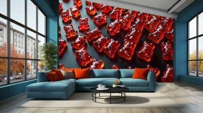 Lots of red gummy bears with small grains of gummy bears flowing in a red liquid Wall mural