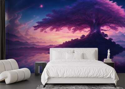 Ultra wide angle of mystical sunset scene showing full of clouds starry night, there is one tree reflection on the sea at center Generative AI Wall mural