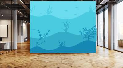 Underwater horizontal background, seabed silhouette with algae and fishes. blue ocean flat drawing, marine life. Vector illustration Wall mural