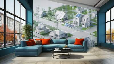 A 3D rendered diagram illustrating the interconnected grid system distributing renewable energy to Wall mural