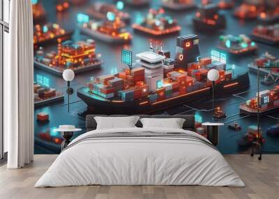 autonomous and intelligent cargo container ships navigating a complex global network of data streams and logistics illuminated by a futuristic color palette and cyberpunk inspired aesthetics Wall mural