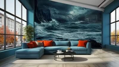 Enigmatic Bermuda Triangle Seascape with Crashing Waves and Flickering Lights   Cinematic Digital Rendering of a Stormy Night Sky and Mysterious Otherworldly Atmosphere Wall mural