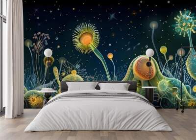 Fantastical Microbiome World A HighContrast of Mesmerizing Bioluminescent Dinoflagellates and Other Wall mural