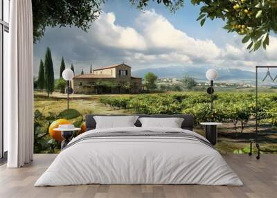 Flourishing countryside landscape featuring lush thriving citrus and olive groves set against a picturesque pastoral backdrop  This scenic Wall mural