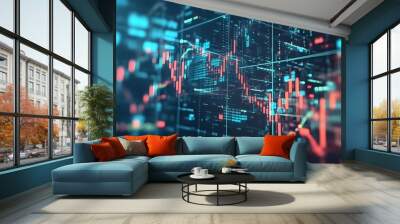 Futuristic digital environment with floating market charts financial data and algorithm codes  Concept of code driven financial insights and data driven investment strategies Wall mural