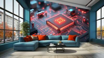 Glowing digital circuit board with interconnected pathways and pulsing energy nodes showcasing the complex circuitry and intricate wiring of high tech engineering and intelligence Wall mural