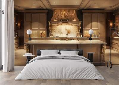 highend modern french kitchen featuring elegant marble island and ornate range hood Wall mural