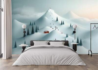 Majestic mountain landscape with skiers and snowboarders gracefully gliding up a towering peak on a classic ski lift surrounded by fluffy white snow tall pines and a cozy alpine lodge in the distance Wall mural