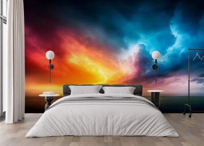 Majestic sunrise or sunset sky filled with whimsical cloud formations and vibrant hues of orange pink and purple  The dramatic lighting creates an ethereal atmospheric and cinematic landscape Wall mural