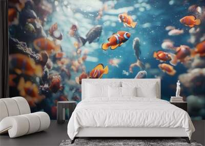 Mesmerizing underwater scene showcasing a lively school of colorful tropical fish swimming amidst a flourishing marine ecosystem filled with coral and other aquatic life Wall mural