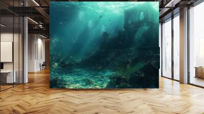 Mysterious sunken city ruins hidden beneath the vast tranquil ocean surface waiting to be discovered by intrepid explorers on a thrilling underwater adventure Wall mural