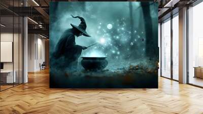 Mystical witches casting powerful spells over a bubbling cauldron in a moonlit clearing of a dark enchanted forest  Ancient crones wielding wands and stirring a mystical potion Wall mural