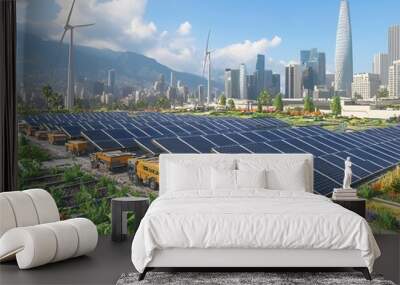 Renewable energy projects revitalizing an eco conscious city with sprawling solar arrays across city rooftops wind turbines generating clean power and electric cargo delivery vehicles Wall mural