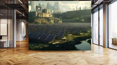 Renewable energy projects revitalizing urban centers with vast solar panel arrays on reclaimed industrial lots wind turbine farms in city parks hydroelectric power plants along urban waterways Wall mural