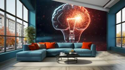 This visually striking 3D image depicts a glowing lightbulb seamlessly merging with a vibrant,pulsating brain,symbolizing the power of intellect,innovation,and business intelligence. Wall mural