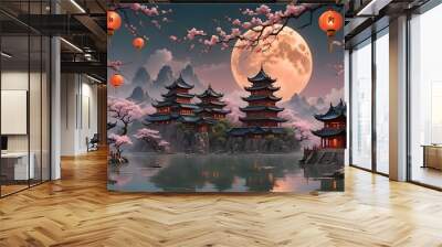 A calm moonlit lake with traditional pagodas on the shore, surrounded by cherry blossoms and mountains in the background, creating a peaceful, scenic panorama. Wall mural