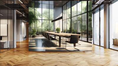 A light-filled, modern meeting room with large windows and surrounded by greenery, featuring a long wooden table and stylish chairs, perfect for productive discussions. Wall mural