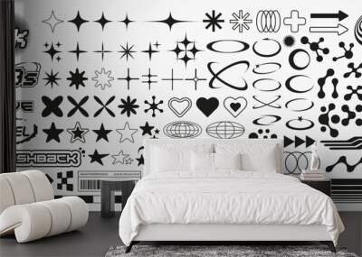 Set with different Y2k elements for design.Trendy geometric brutalism forms, memphis elements. Simple shapes forms, symbols and frames y2k style. Wall mural