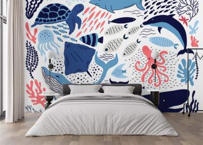 Set with hand drawn sea life elements. Wall mural