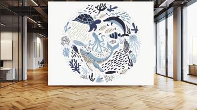 set with hand drawn sea life elements. Wall mural