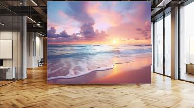 Amazing Ocean View during the Sunrise, Empty Beach, Cloudy. Wall mural