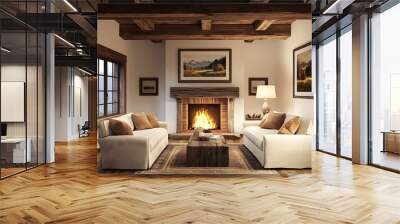 Cozy and inviting farmhouse style living room with weathered wooden beams plush upholstered furniture a rustic fireplace and framed landscape artwork creating a warm and welcoming atmosphere Wall mural