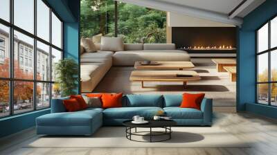 Cozy and inviting modern living room centered around a plush sectional sofa low profile wooden coffee table and side tables wall mounted fireplace with a sleek minimalist design Wall mural