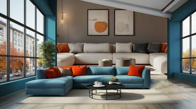 Cozy and inviting modern living room with a large comfortable sectional sofa and minimalist stylish decor the vibrant color accents adding an energetic touch Wall mural