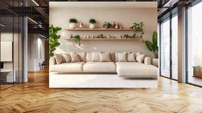 Cozy and inviting modern living room with a large comfortable sectional sofa and minimalist stylish decor  The walls highlight modern sculptural forms featuring lush indoor plants Wall mural