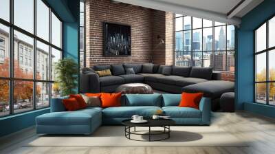 Cozy and Stylish Loft Living Room with Stunning City Skyline View  Spacious and open concept design featuring a large comfortable sectional sofa exposed brick walls Wall mural