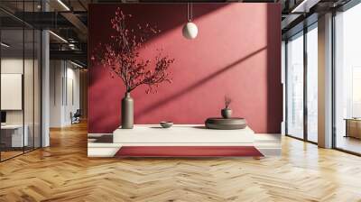 Minimalist modern 3D studio space with burgundy accent wall sleek furnishings and dynamic lighting creating a natural sunlit environment perfect for product display and mockups Wall mural