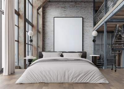 Minimalist white background frame mockup in a cozy and modern loft style interior with exposed brick walls high ceilings natural light and industrial inspired metal and wood accents  This urban Wall mural