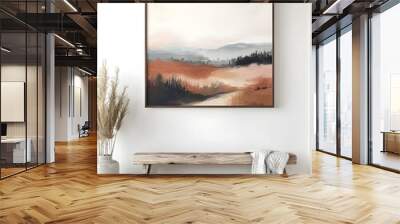 Rustic Farmhouse Living Room with Abstract Landscape Painting Mockup Frame   Muted Color Palette Expressive Brushstrokes Cozy Textured Rug and Moody 3D Render Wall mural