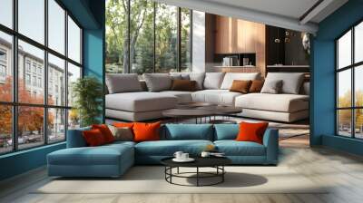 Visually striking Scandinavian inspired modern living space featuring a large comfortable sectional sofa with rich color tones and natural textures accented by a cinematic depth of field and lighting Wall mural